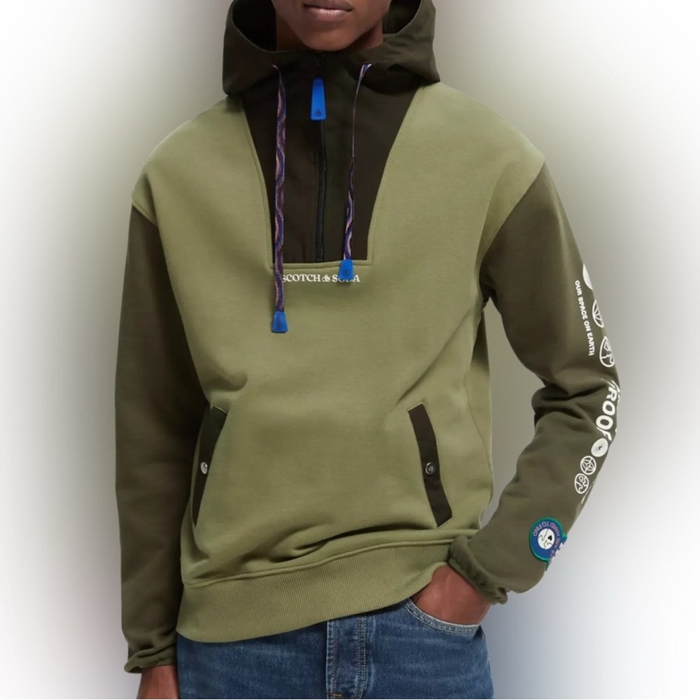 NWOT Scotch and soda „Amsterdam proof” half zip hoodie olive color size medium